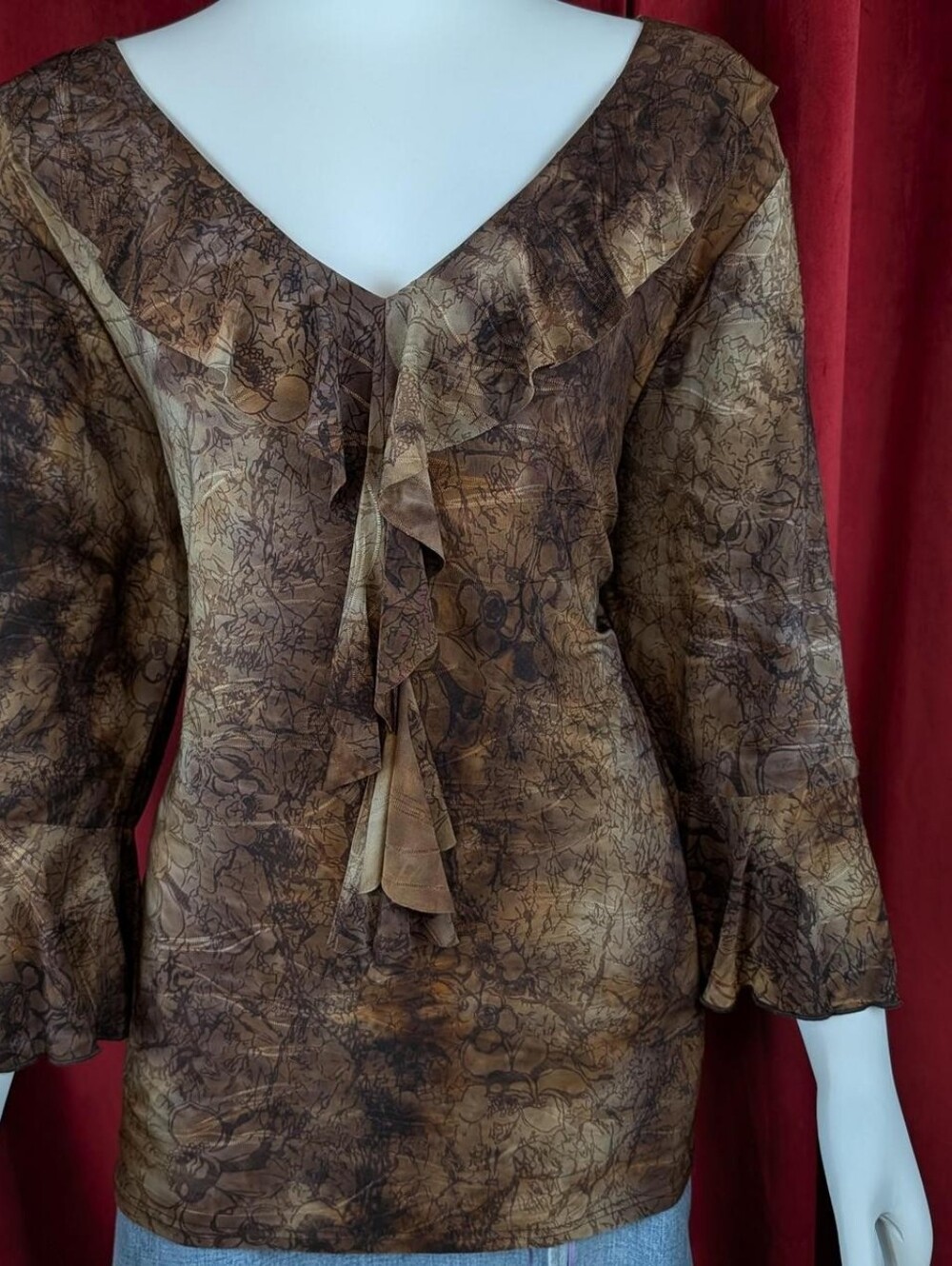 Dressbarn Brown & Beige Floral 3/4 Sleeve Ruffle Front Blouse